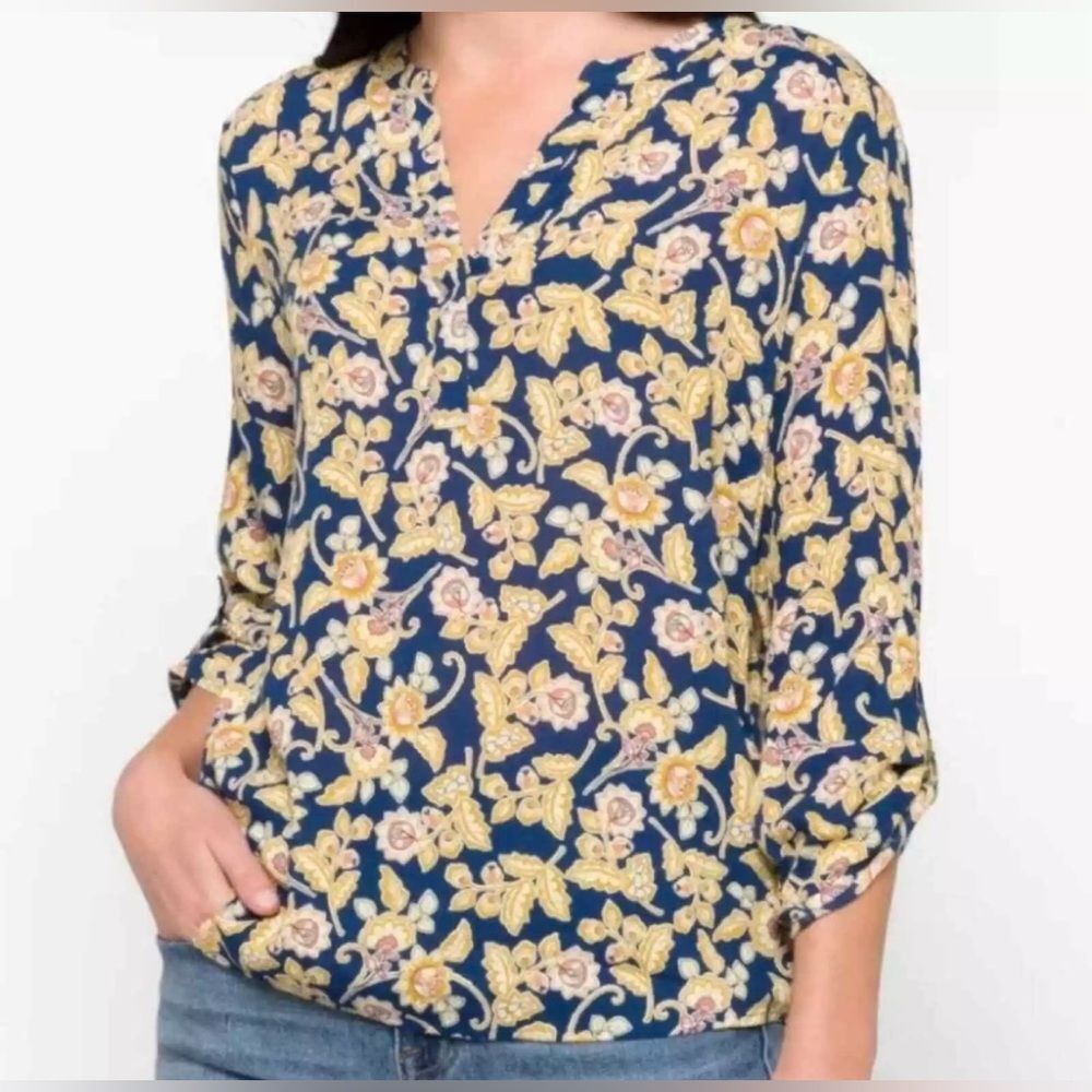 Daniel Rainn Koda Split Neck Floral Patterned Top 3/4 Sleeves Navy Size Large